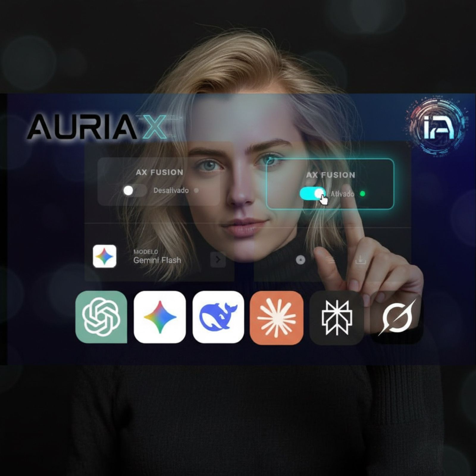 Interface da AuriaX mostrando AX FUSION e integração com múltiplas IAs